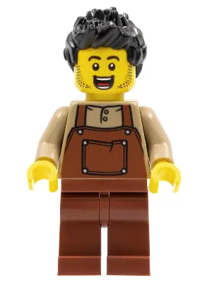 HOL260:  Man, Black Spiked Hair, Dark Tan Shirt, Reddish Brown Overalls and Legs