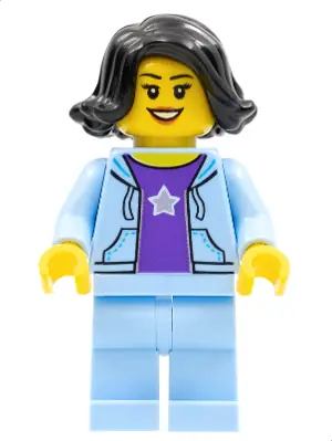 HOL261:  Woman, Black Hair, Bright Light Blue Jacket, Dark Purple Star Shirt, Bright Light Blue Legs