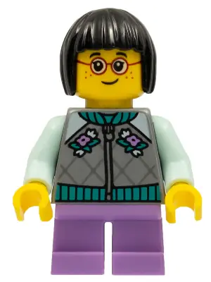 HOL262:  Child - Girl, Flat Silver Jacket, Medium Lavender Short Legs, Black Short Hair, Glasses, Freckles