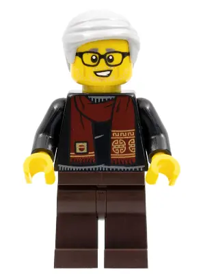 HOL264:  Grandfather, Black Shirt with Dark Red Scarf, Dark Brown Legs, Light Bluish Gray Hair
