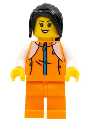 HOL266:  Woman, Orange Tracksuit, Long Black Hair