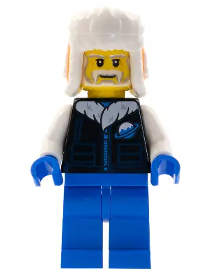 HOL269:  Man, Orange Ushanka Hat, Black Ice Planet Coat, Blue Legs