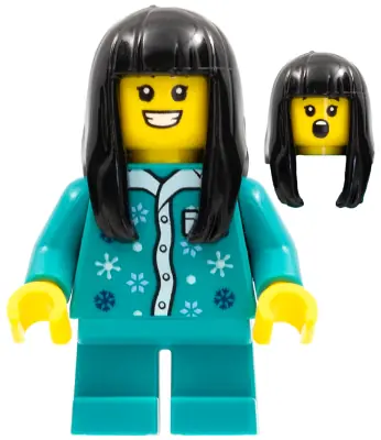 HOL272:  Child - Girl, Dark Turquoise Pajamas Top, Dark Turquoise Short Legs, Black Long Hair