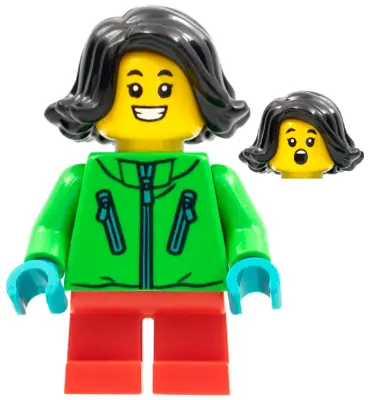 HOL275:  Child - Girl, Bright Green Jacket, Red Short Legs, Black Hair