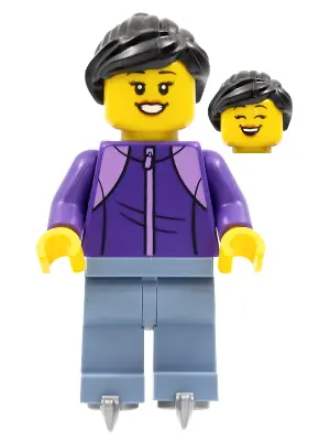 HOL277:  Woman, Black Hair, Dark Purple Jacket, Sand Blue Legs, Ice Skates