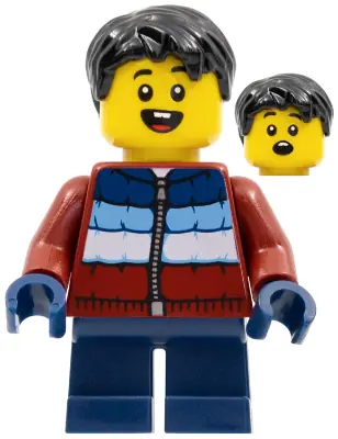 HOL278:  Child - Boy, Dark Red Puffy Coat, Dark Blue Short Legs, Black Hair