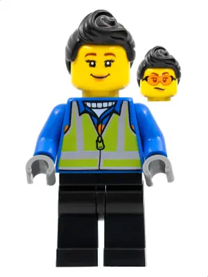 HOL279:  Woman, Black Hair, Blue Coat, Lime Safety Vest, Black Legs