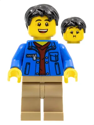 HOL282:  Man, Black Hair, Blue Jacket, Dark Red Shirt, Dark Tan Legs