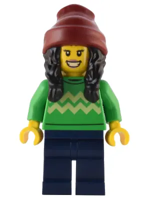 HOL286:  Holiday Shopper - Female, Bright Green Sweater with Bright Light Yellow Zigzag Lines, Dark Blue Legs, Dark Red Beanie with Black Hair