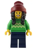 Minifigurka: HOL286:  Holiday Shopper - Female, Bright Green Sweater with Bright Light Yellow Zigzag Lines, Dark Blue Legs, Dark Red Beanie with Black Hair