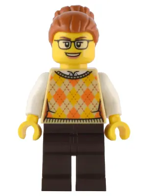 HOL291:  Santa's Toys and Games Store Owner - Female, Tan Knit Argyle Sweater Vest, Dark Brown Legs, Dark Orange Hair with Bun, Glasses