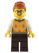 Minifigurka: HOL291:  Santa's Toys and Games Store Owner - Female, Tan Knit Argyle Sweater Vest, Dark Brown Legs, Dark Orange Hair with Bun, Glasses