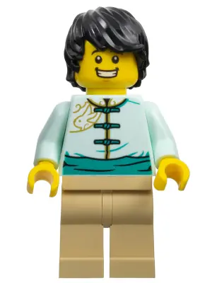 HOL305:  Lunar New Year Parade Participant - Male, Light Aqua Tang Jacket, Tan Legs, Black Hair