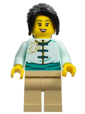 HOL306:  Lunar New Year Parade Participant - Female, Light Aqua Tang Jacket, Tan Legs, Black Hair