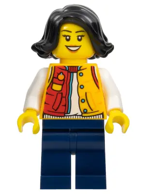 HOL307:  Lunar New Year Parade Spectator - Female, Red and Bright Light Orange Jacket, Dark Blue Legs, Black Hair