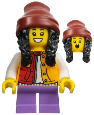 HOL308:  Child - Girl, Red and Bright Light Orange Jacket, Medium Lavender Short Legs, Dark Red Beanie with Black Hair
