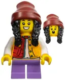 Minifigurka: HOL308:  Child - Girl, Red and Bright Light Orange Jacket, Medium Lavender Short Legs, Dark Red Beanie with Black Hair