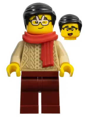 HOL309:  Lunar New Year Parade Spectator - Male, Red Scarf, Tan Sweater, Dark Red Legs, Black Hair, Rabbit Glasses