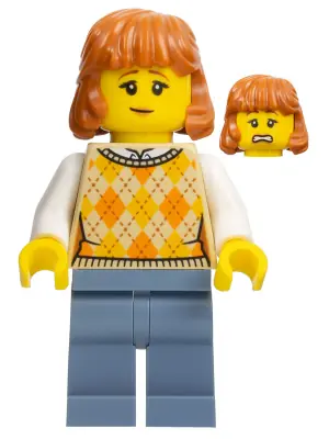 HOL311:  Lunar New Year Parade Spectator - Female, Tan Knit Argyle Sweater Vest, Sand Blue Legs, Dark Orange Hair