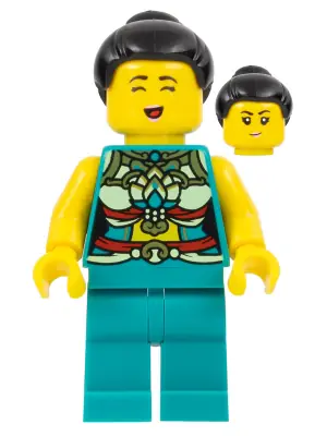 HOL312:  Lunar New Year Parade Participant - Musician, Female, Ornate Dark Turquoise Costume, Black Bun, Singing Face