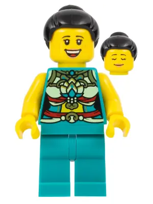 HOL313:  Lunar New Year Parade Participant - Musician, Female, Ornate Dark Turquoise Costume, Black Bun, Large Smile