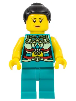 HOL314:  Lunar New Year Parade Participant - Musician, Female, Ornate Dark Turquoise Costume, Black Bun, Slight Smile