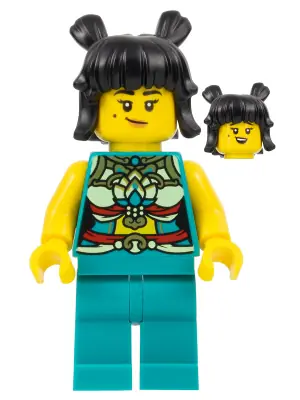 HOL315:  Lunar New Year Parade Participant - Musician, Female, Ornate Dark Turquoise Costume, Black Space Buns