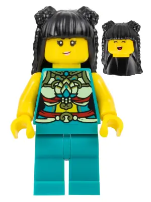 HOL316:  Lunar New Year Parade Participant - Musician, Female, Ornate Dark Turquoise Costume, Black Long Hair