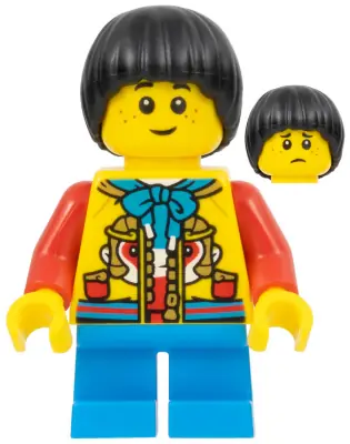 HOL317:  Child - Boy, Yellow Monkey King Jacket, Dark Azure Short Legs, Black Mop Top, Freckles