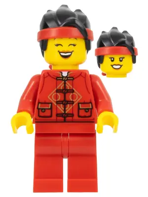 HOL318:  Lunar New Year Parade Participant - Female, Red Tang Jacket, Red Legs, Black Hair with Red Headband