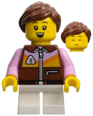 HOL320:  Child - Girl, Reddish Brown Jacket, White Short Legs, Reddish Brown Ponytail, Freckles