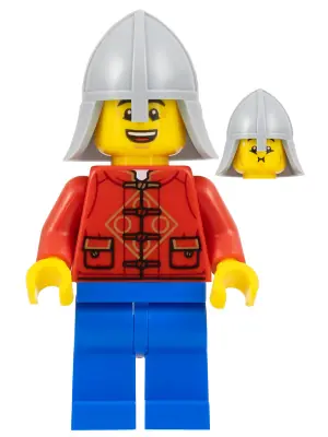 HOL322:  Lunar New Year Parade Participant - Male, Red Tang Shirt, Blue Legs, Castle Guard Helmet with Neck Protector