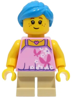 HOL324:  Girl - Bright Pink Top with Butterflies and Flowers, Tan Short Legs, Dark Azure Hair
