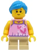Minifigurka: HOL324:  Girl - Bright Pink Top with Butterflies and Flowers, Tan Short Legs, Dark Azure Hair