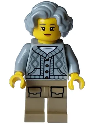 HOL326:  Lodge Owner - Female, Light Bluish Gray Knit Cable Cardigan Sweater, Dark Tan Legs with Pockets, Wavy Hair