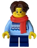 Minifigurka: HOL327:  Child - Girl, Bright Light Blue Knit Fair Isle Sweater, Dark Blue Short Legs, Dark Brown Hair, Freckles, Red Scarf