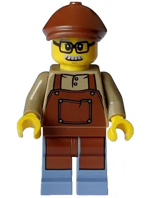 HOL328:  Lodge Owner - Male, Dark Tan Shirt with Reddish Brown Apron, Sand Blue Legs, Reddish Brown Flat Cap, Moustache, Glasses