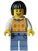 Minifigurka: HOL329:  Tourist - Female, Tan Knit Argyle Sweater Vest, Sand Blue Legs with Pockets, Black Bob Cut Hair, Freckles
