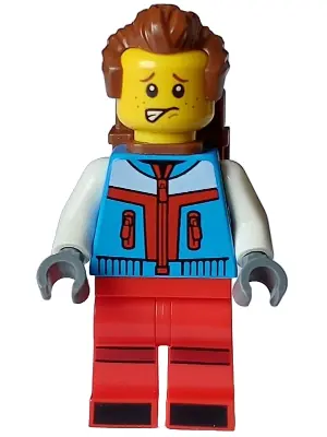 HOL330:  Tourist - Male, Dark Azure Jacket, Red Legs with Dark Red Stripes on Knees, Reddish Brown Swept Back Hair, Freckles, Backpack
