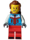 Minifigurka: HOL330:  Tourist - Male, Dark Azure Jacket, Red Legs with Dark Red Stripes on Knees, Reddish Brown Swept Back Hair, Freckles, Backpack