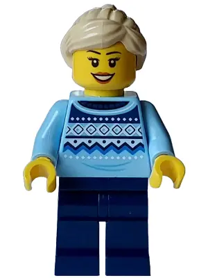 HOL331:  Winter Market Stall Vendor - Female, Bright Light Blue Knit Fair Isle Sweater, Dark Blue Legs, Tan Ponytail