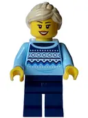 Minifigurka: HOL331:  Winter Market Stall Vendor - Female, Bright Light Blue Knit Fair Isle Sweater, Dark Blue Legs, Tan Ponytail