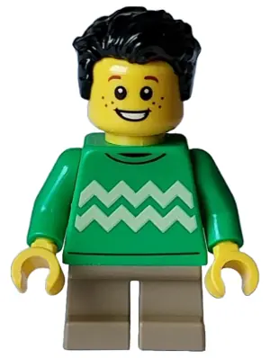 HOL332:  Child - Boy, Bright Green Sweater with Bright Light Yellow Zigzag Lines, Dark Tan Short Legs, Black Tousled Hair, Freckles
