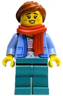 Minifigurka: HOL333:  Wintertime Carriage Passenger - Female, Bright Light Blue Jacket over White Shirt with Coral Flowers, Dark Turquoise Legs, Dark Orange Ponytail, Freckles, Red Scarf