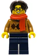 Minifigurka: HOL334:  Wintertime Carriage Passenger - Male, Medium Nougat Argyle Sweater, Dark Blue Legs, Dark Brown Hair, Glasses, Red Scarf