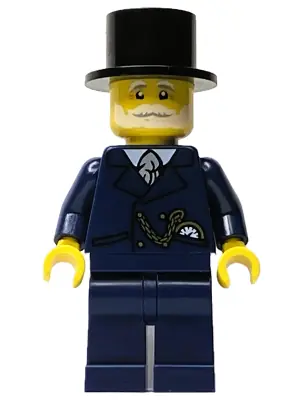 HOL335:  Wintertime Carriage Driver - Male, Dark Blue Suit with Gold Chain and Watch, White Beard and Moustache, Black Top Hat