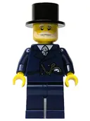 Minifigurka: HOL335:  Wintertime Carriage Driver - Male, Dark Blue Suit with Gold Chain and Watch, White Beard and Moustache, Black Top Hat