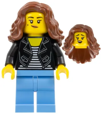 HOL336:  Woman - Black Jacket over Striped Shirt, Medium Blue Legs, Reddish Brown Long Hair