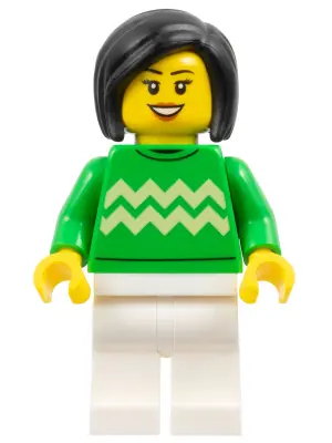HOL338:  Woman - Bright Green Sweater with Bright Light Yellow Zigzag Lines, White Legs, Black Hair