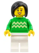 Minifigurka: HOL338:  Woman - Bright Green Sweater with Bright Light Yellow Zigzag Lines, White Legs, Black Hair